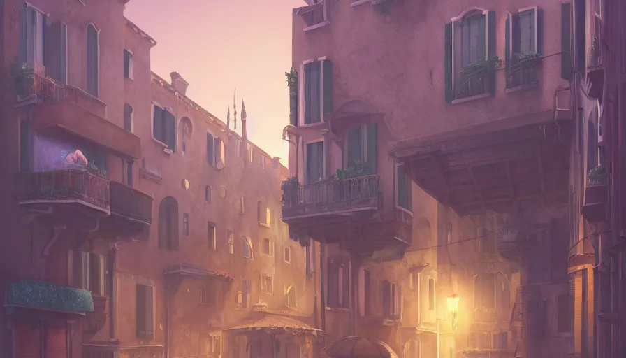 Image similar to A highly detailed matte painting of venice street with a bright shimmering sky by Studio Ghibli, Mokoto Shinkai, by Artgerm, by beeple, volumetric lighting, octane render, 4K resolution, trending on artstation, vivid colours