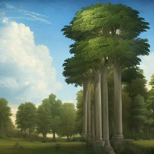 Prompt: a renaissance palace, beautiful tall trees, clouds in the sky, hyperrealistic