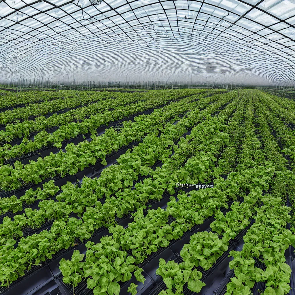 Image similar to zaha hadid style greenhouse, irrigation system in the background, racks of vegetables propagated under shadecloth, in the middle of the desert, with a miniature indoor lake, XF IQ4, 150MP, 50mm, F1.4, ISO 200, 1/160s, natural light at sunset with outdoor led strip lighting