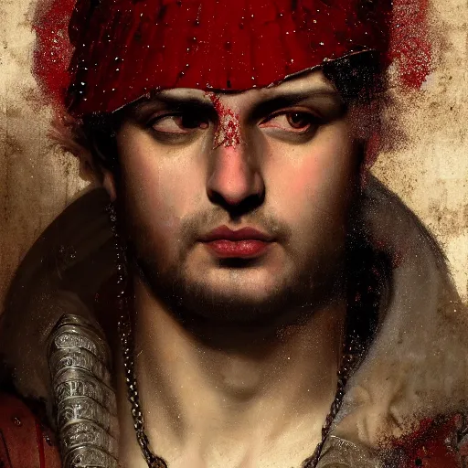 Image similar to detailed portrait of emperor nero, old roman style, non - reflective red cloak, decorated with traditional roman ornaments by ismail inceoglu dragan bibin hans thoma greg rutkowski alexandros pyromallis nekro rene maritte illustrated, perfect face, fine details, realistic shaded, fine - face, pretty face