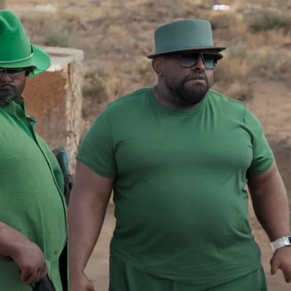 Prompt: Still of Big Smoke with green clothing with a baseball bat and trilby hat in Better Call Saul