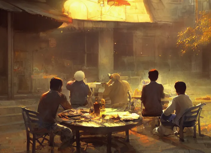 Image similar to three guys in night at the yard speaking while grilling kebabs and one guy playing guitar, light bulbs, painting by Craig Mullins, octane rendering, soft morning lighting, wide angle lens, in the style of Hayao Miyazaki, trending on artstation,