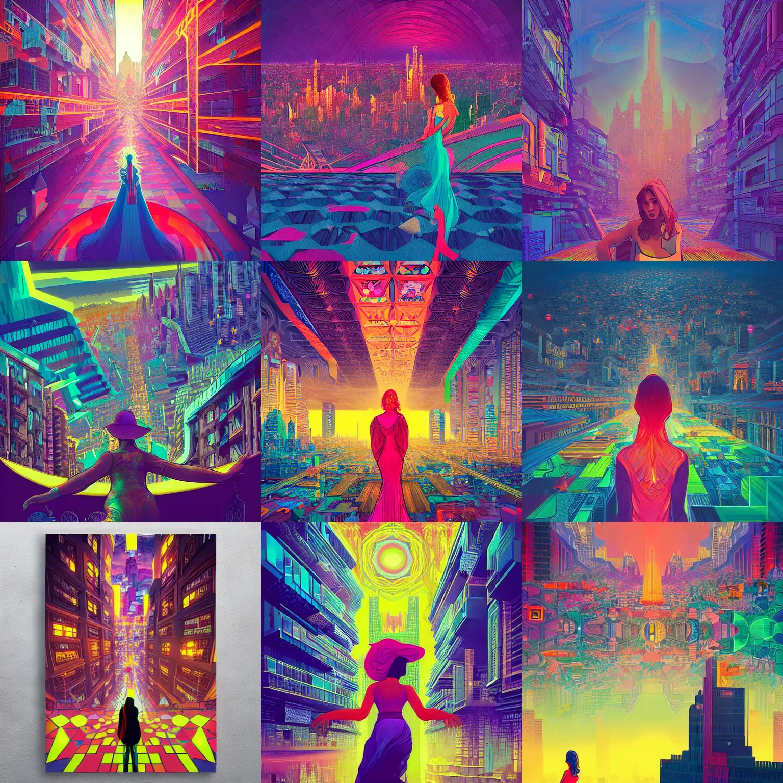 Prompt: beautiful woman hero in foreground of neon tessellating escher city cityscape by alena aenami, petros afshar, anato finnstark, peter max, mucha