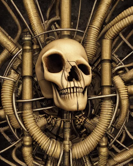 Image similar to beautiful strange detailed painting 8k resolution A steampunk skull with tubes wires and Dieselpunk scene by Paul Delvaux rendered in octane 8k