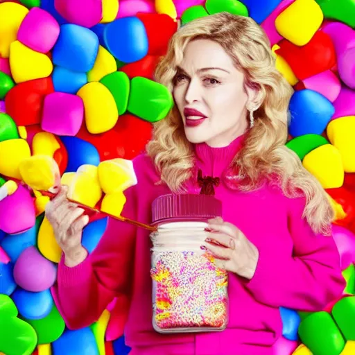 Prompt: stock photo. madonna and child, holding candy. jar of candy. lollipop, candy bar, gumdrop, fudge.