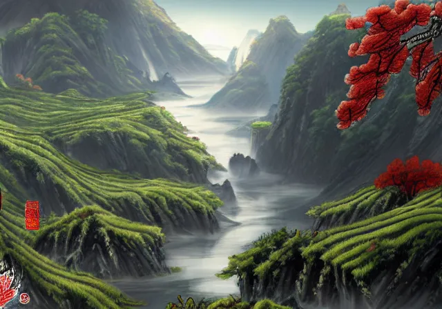 Image similar to ancient Chinese beautiful landscape mode concept art high realism