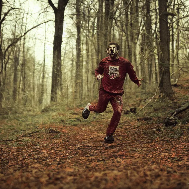 Image similar to photo of shia labeouf sprinting through the woods with dark red liquid all over his face, dramatic, cinematic, cinestill 8 0 0 t, motion blur