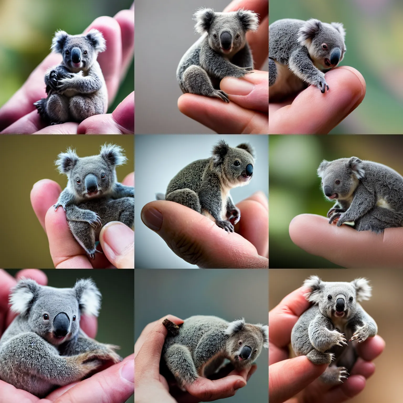 Prompt: tardigrade koala hybrid sitting in a human hand, macro photography, tiltshift, very cute, tiny minature, hyper realistic, nature photography