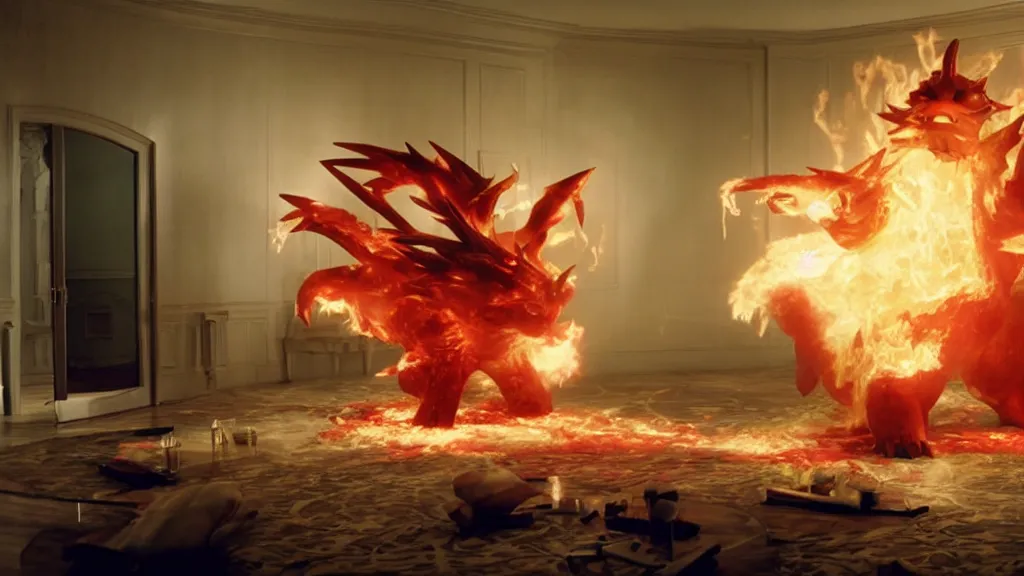 Prompt: a giant pokemon made of blood and fire floats through the living room, film still from the movie directed by Denis Villeneuve with art direction by Salvador Dalí, wide lens