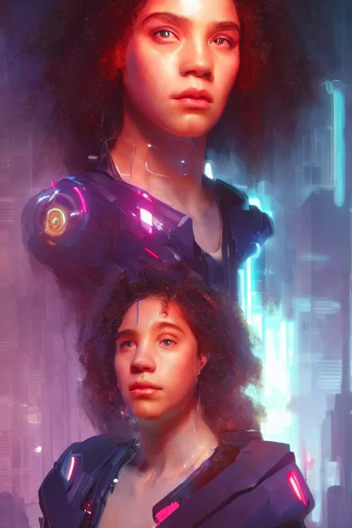 Image similar to portrait of cyborg Hermione Granger in cyberpunk, neon lighting, night city, digital art from artstation by Ruan Jia and Mandy Jurgens and Artgerm and william-adolphe bouguereau and Greg Rutkowski and Wayne Barlowe