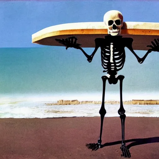 Prompt: a skeleton standing on a beach next to the ocean, a surrealist painting by Storm Thorgerson, featured on cg society, nuclear art, surrealist, apocalypse landscape, chillwave