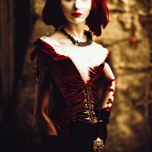 Image similar to A beautiful portrait of a lady vampire, steampunk, photography, 35mm, depth of field, bokeh, soft light, cinematic, steve mccurry