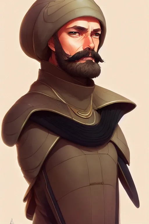 Prompt: dune still, scientist, middle age, beard and mustache, slim, cap, water suit, male, portrait shinkai makoto studio ghibli studio key hideaki anno sakimichan stanley artgerm lau rossdraws james jean marc simonetti elegant highly detailed digital painting artstation pixiv