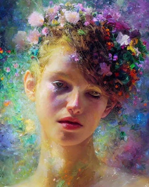 Prompt: Flower storm portrait of forest nymph, vortex of petals and radiant light, in the style of Craig Mullins, highly detailed palette knife oil painting, thick impasto