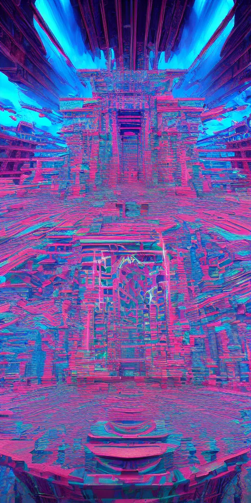 Image similar to impossible architecture, incredibly beautiful temple of the sun, inverted rainbow drip paint, surreal horror, psychedelic glitch art, trending on art station, photoreal, 8 k, octane render
