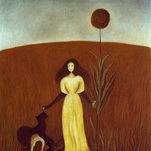 Image similar to by Leonora Carrington, a brown haired giantess rising above a field of wheat. Cats are playing. Oil painting, high res, art museum quality.