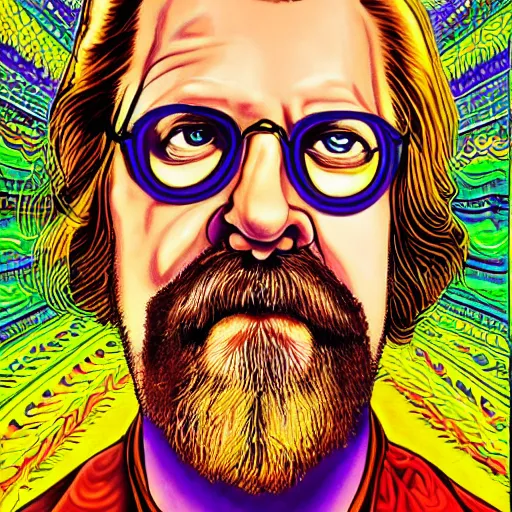 Prompt: big lebowski, portrait, by alex gray, dmt background, hallucinogenic, that's your opinion man