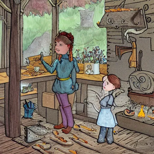 Prompt: the blacksmits’ daughter, working in the forge, a smile at her face, fantasy art in the style of Elsa Beskow,