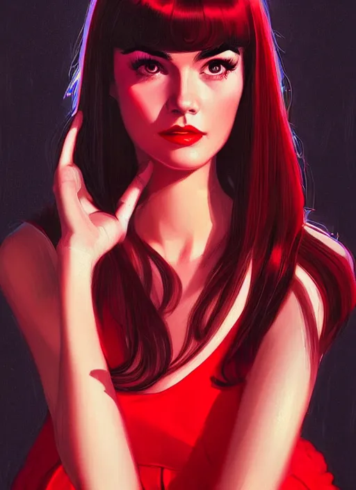 Image similar to portrait of veronica lodge with bangs, 1 9 6 0 s, long hair, red clothes, bangs, intricate, elegant, glowing lights, highly detailed, digital painting, artstation, concept art, smooth, sharp focus, illustration, art by wlop, mars ravelo and greg rutkowski