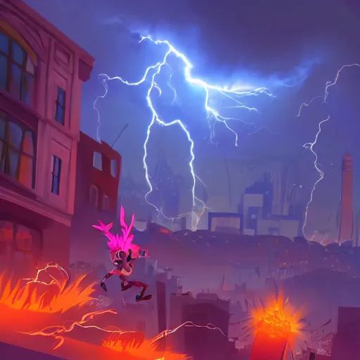 Image similar to digital art, trending on artstation, a giant crash bandicoot shooting lightning from his eyes destroying a city