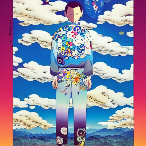 Image similar to a man walking on clouds away from the camera above kyoto by takashi murakami, beeple and james jean, aya takano color style, 4 k, super detailed, modern, 4 k, symmetrical