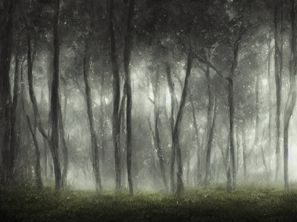 Prompt: A painting of forest in stormy day, a mysterious thing is happening, octane render, 8K, gothic art, digital art, oil on canvas, trending on artstation, 30mm