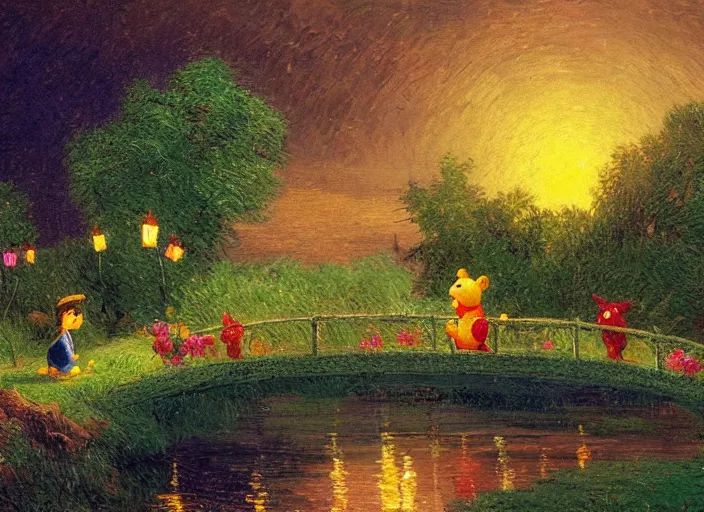 Image similar to romanticism impressionism landscape painting of winnie the pooh characters at night, night time, colorful paper lanterns, string lights, in the style of hudson river school and thomas cole and albert bierstadt and vincent van gogh