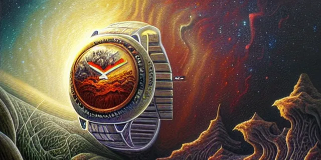 Image similar to painting hyperdetailed a watch face nebulapunk by dan seagrave and tomasz alen kopera and simon stahlenhag