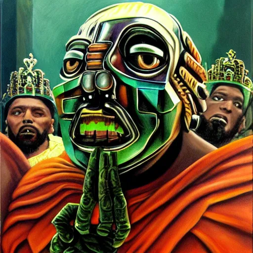 Image similar to beautiful lifelike painting of mf doom as king ghidora being taken to your leader, hyperreal detailed facial features and uv lighting, art by ed roth and basil wolverton