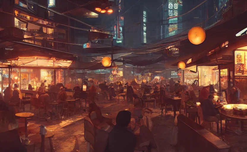 Prompt: a cozy relaxed cafe, looking out at the bustling underbelly of a thriving cyberpunk city at night, trending on cgsociety, unreal engine, 4 k wallpaper