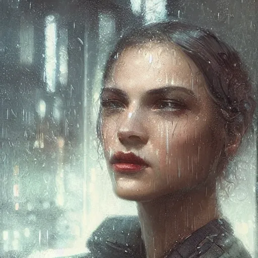 Image similar to detailed face of a woman, moment, cyberpunk cloisters, electronic billboards, tech noir, wet reflections, atmospheric, ambient, livia prima, greg rutkowski, edward hopper