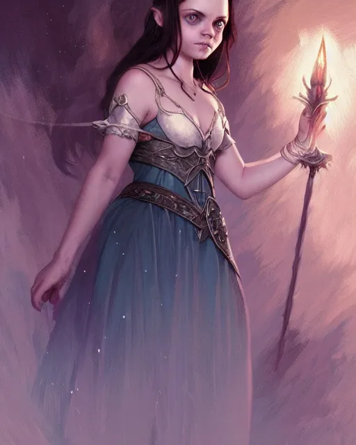 Prompt: Young Christina Ricci casting a ice spell, D&D, fantasy, intricate, elegant, highly detailed, digital painting, artstation, concept art, matte, sharp focus, illustration, hearthstone, art by Artgerm and Greg Rutkowski and Alphonse Mucha