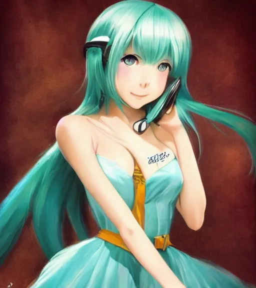 Prompt: Anime art very beautiful Hatsune miku by Gil Elvgren, Vladimir Volegov, Earl Moran, Enoch Bolles, symmetrical shoulders, long hair, smiling, anime eyes