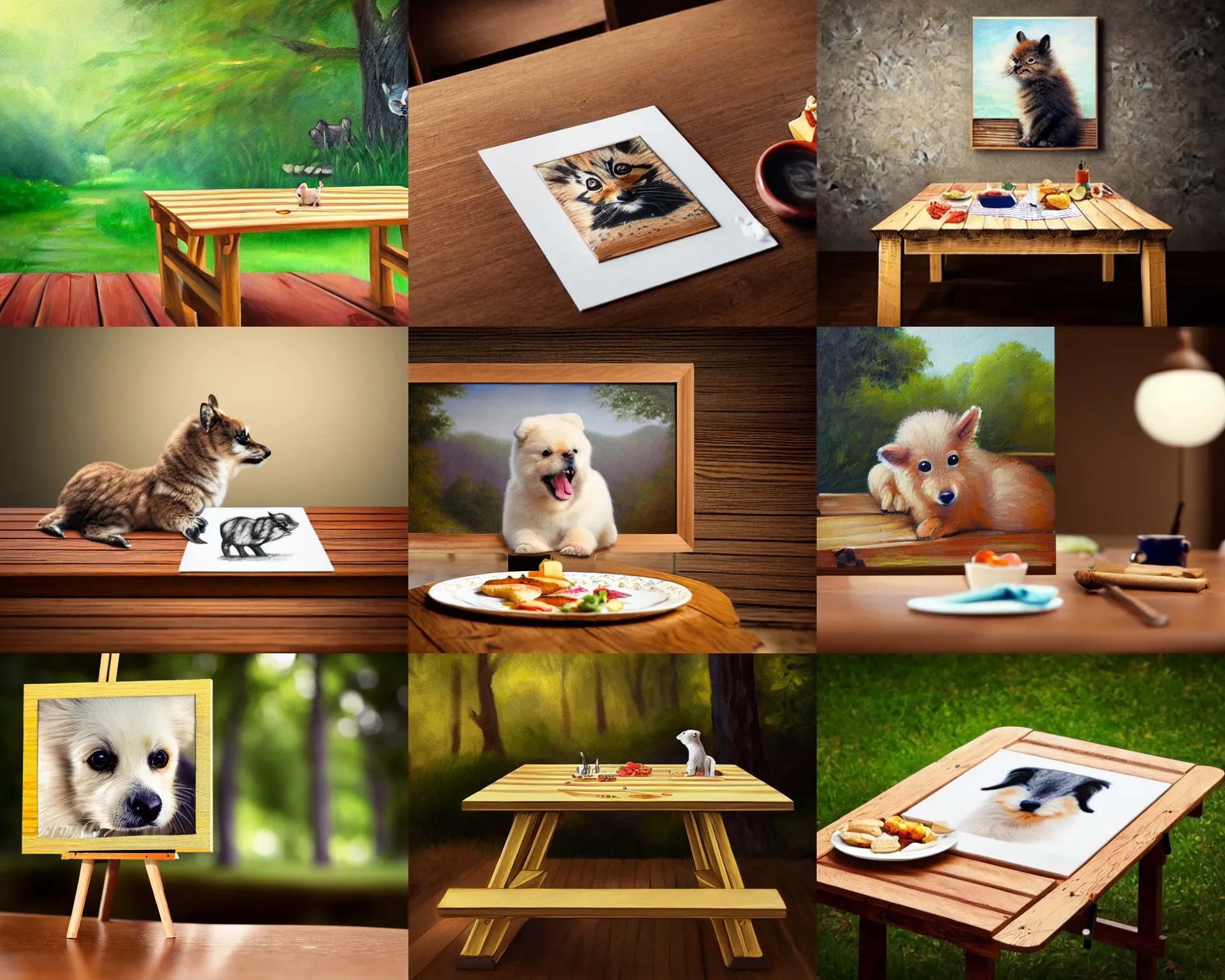 Prompt: a simple wooden picnic table with a painting of a cute animal on the top surface of the table, dramatic lighting, fantasy, intricate, elegant, highly detailed, lifelike, photorealistic, Sigma 1.6, 50mm, bokeh, HDR, high resolution, artstation, concept art, smooth, sharp focus, art by John Collier and Albert Aublet and Krenz Cushart and Artem Demura and Alphonse Mucha