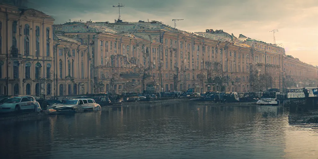 Image similar to cinematic street shot of a floating hoverboarding city saint petersburg city, telephoto, anamorphic cinematography, beautiful composition, color theory, leading lines, photorealistic, moody volumetric lighting