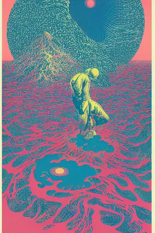 Image similar to a paper blotter tab of LSD acid melting into a surreal psychedelic hallucination, screenprint by kawase hasui, moebius and dan hillier, colorful flat surreal design, hd, 8k, artstation