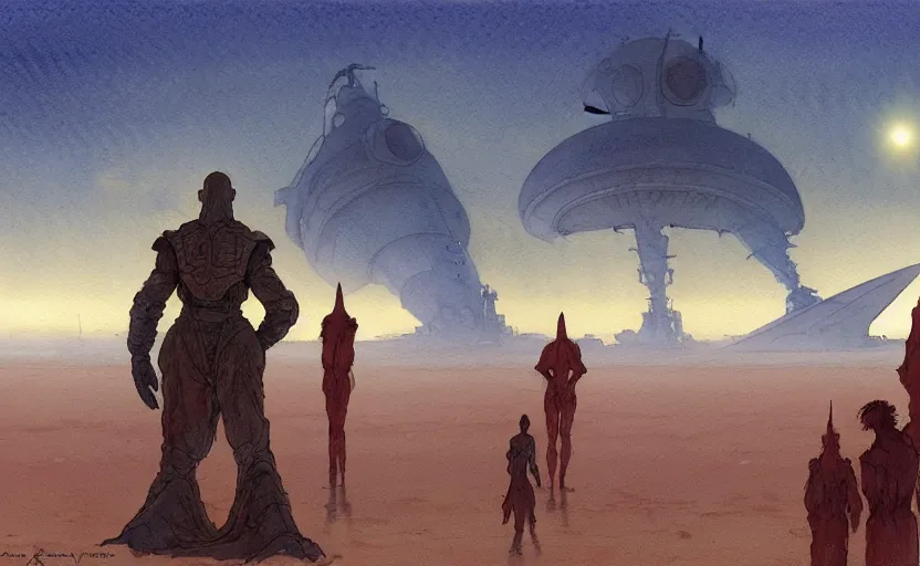Prompt: a hyperrealist watercolour character concept art portrait of a 1 0 ft. tall thin alien with a high forehead on a misty night in the desert. a small group of people are watching from the foreground. a battlecruiser starship is in the background. by rebecca guay, michael kaluta, charles vess and jean moebius giraud