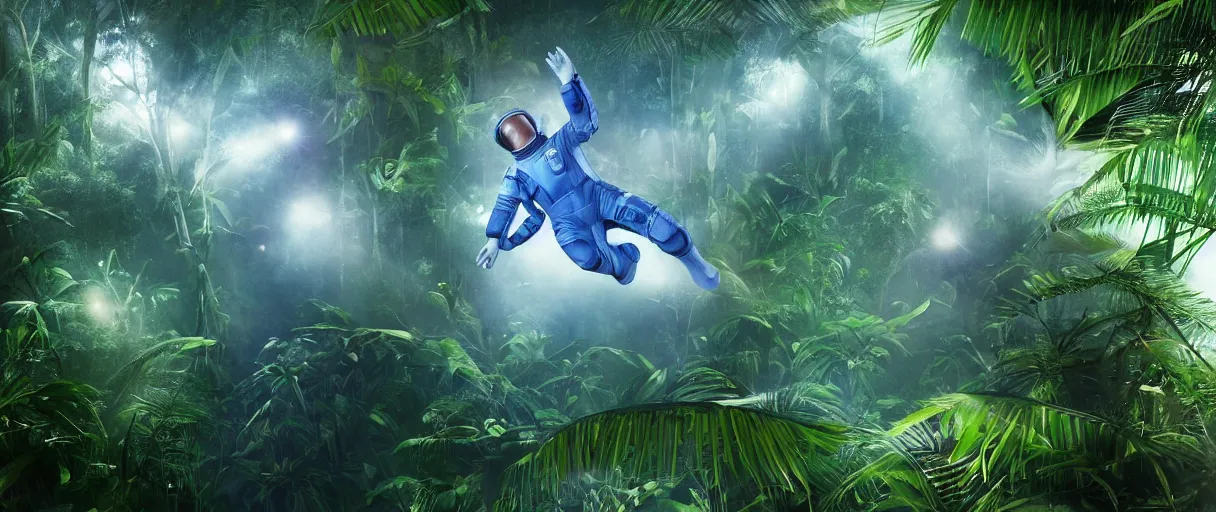 Prompt: mid - angle single shot of flying body of space astronaut in weightlessness inside tropical jungle with palm leaves, small foggy and gloomy, blue lights, bokeh background, highly detailed science fiction illustration by jeremy geddes. photorealistic, octane render, hyper detailed, 8 k, movie still, artstation, unreal engine