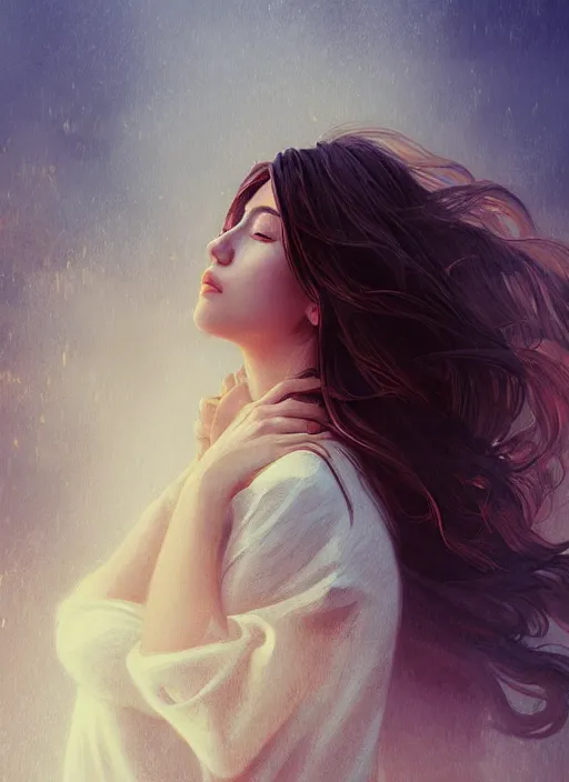 Image similar to handsome young women with shoulder length brown hair, smoke, foggy, half body shot, path traced, highly detailed, high quality, digital painting, alena aenami, lilia alvarado, shinji aramaki, karol bak, alphonse mucha, tom bagshaw