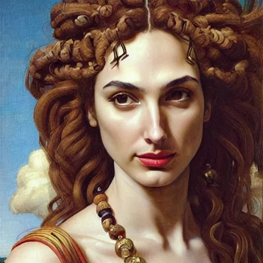 Image similar to Head and shoulders masterpiece portrait oil painting of the beautiful goddess Gal Gadot as Artemisa, she is wearing roman clothes and a surreal jewelry, her hair is natural disheveled, she is approaching heaven over the clouds, naturalism, dramatic lighting, high-detailed oil painting by Ilya Repin, Michelangelo da Caravaggio, William Blake, Alex Grey and Beksinski, trending on Artsation, hystorical painting, naturalism, masterpiece, 4k, 8k,