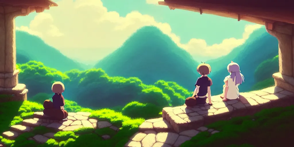 Image similar to the girl and the cat, sitting on stairs. morning in a small village in the mountains, rocky roads, beautifull puffy clouds. anime, studio ghibli. intricate, beautiful, cinematic. professional digital painting, artstation, concept art, smooth, Unreal Engine 5, 8k, cinema 4d, 3D