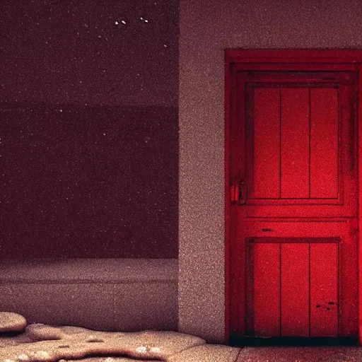 Prompt: a red door at the bottom of the ocean, ominous, deep, ethereal, dark, bubbles, marine life, details visible, octane render, in studio Ghibli style