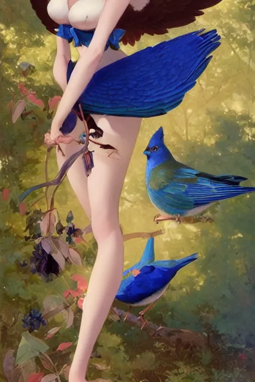 Image similar to anime pinup girl holding an indigo bunting, bird, the bird is wearing a bowtie, by greg rutkowski, rossdraws, gil elvgren, enoch bolles, anime, porcelain skin, very coherent