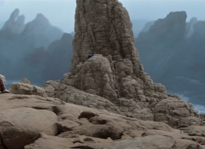 Prompt: screenshot of Luke Skywalker, played by Mark Hammill, sitting down surrounded by rocks hovering in mid-air, outside on the rocky jedi temple, iconic scene from the force awakens, 1980s film directed by Stanley Kubrick, great portrait of Mark Hammill, cinematic lighting, kodak, strange, hyper real, stunning moody cinematography, with anamorphic lenses, crisp, detailed portrait, 4k image