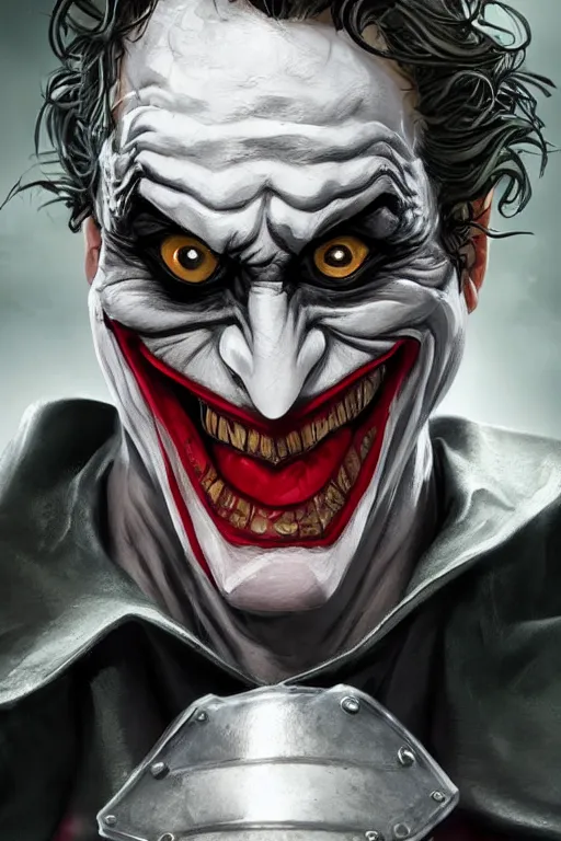 Image similar to Joker wearing armor, artstation, highly detailed, highly realistic