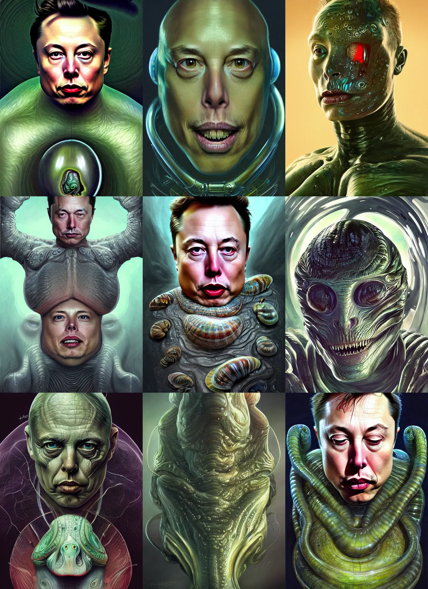 Image similar to hyperrealistic cell shaded por! dream elon musk as mollusk, slime, drool, portrait, intricate, elegant, highly detailed, digital painting, artstation, concept art, wallpaper, smooth, sharp focus, illustration, art by h. r. giger and artgerm and greg rutkowski and alphonse mucha