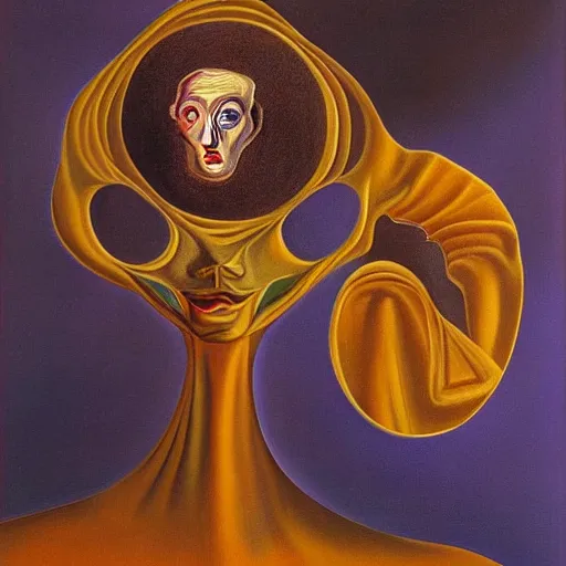 Image similar to a surrealist painting, self portrait of an artificial intelligence, in the style of salvador dali and remedios varo