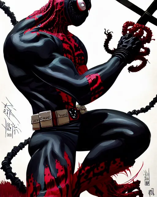 Image similar to highly detailed closeup portrait of a mutated venom symbiote in deadpool suit with a fierce expression, wearing his katana, by atey ghailan, by greg rutkowski, by greg tocchini, by james gilleard, by joe fenton, by kaethe butcher, red, black, crimson and grey color scheme