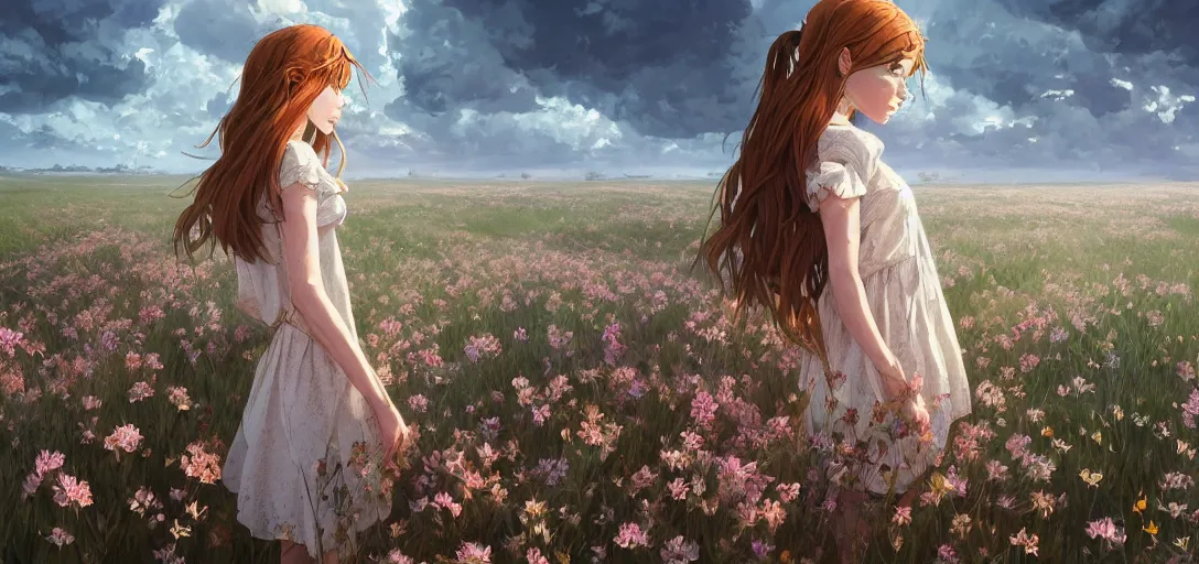 Image similar to a beautiful southern woman named Savannah, innocent, sad turquoise eyes, freckles, long ginger hair tied with white ribbon, relaxed in a field of flowers on a farm, gentle lighting, storm in the distance, somber, western clothing, dress, digital art by Makoto Shinkai ilya kuvshinov and Wojtek Fus, digital art, concept art,