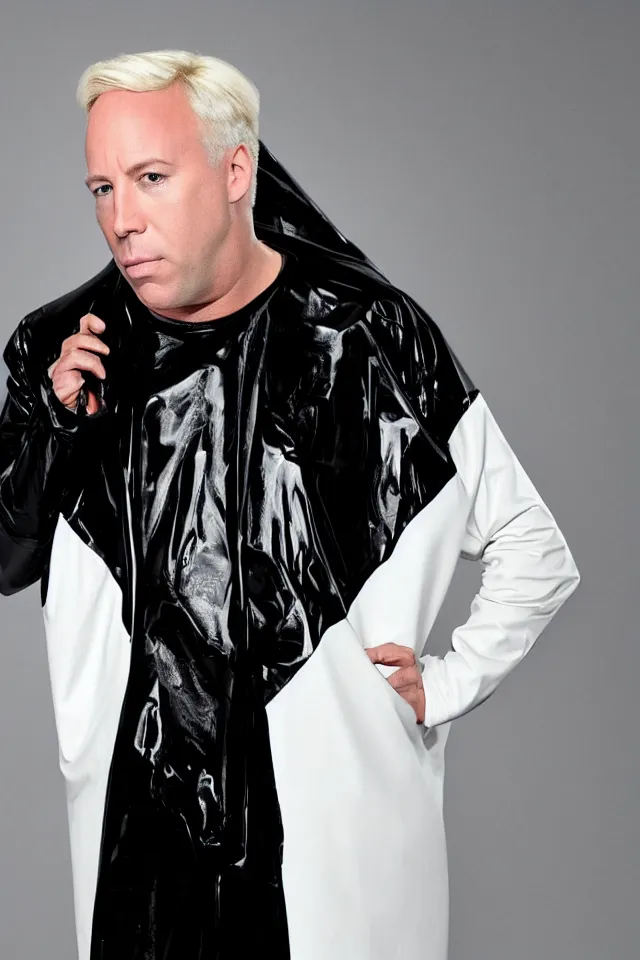 Image similar to a pale white hair Alex Jones in a black latex acronym cape, in the style of mike dringenberg and ashley wood